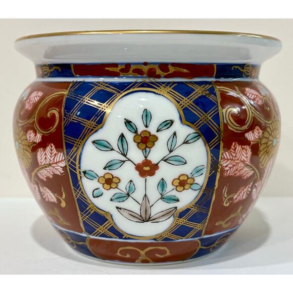 Vintage Japanese GOLD IMARI Hand-Painted Ceramic Vase in Glossy Blue Red Gold - Picture 1 of 11